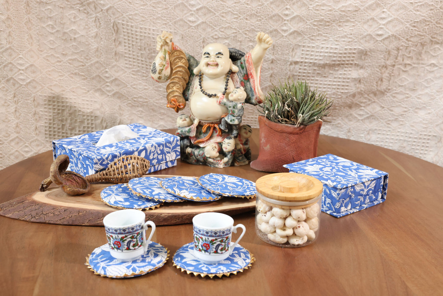 Tissue Box and Coaster Set- Blue & White